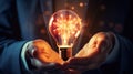 Bright new concept with a Light Bulb shining on the palm of a human\'s hand AI Generated