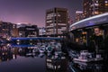 Bright night at the boat yard in Shibaura. Lightstreak from the monorail overhead. Landscape orientation Royalty Free Stock Photo