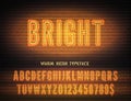 Bright night light glowing effect narrow bold font with numbers on dark brick wall background. Vector warm orange neon