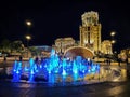 Bright night Moscow. Singing fountain on Paveletskaya square