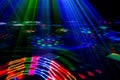 Bright nightclub red, green, purple, white, pink, blue laser lights cutting through smoke machine smoke Royalty Free Stock Photo