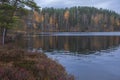 Bright northern nature in autumn, lake, variegated forest in the evening. Karelia Russia