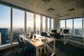 Bright office with city view, sunlight through windows, blue and white color palette Royalty Free Stock Photo