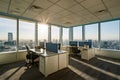 Bright office with city view, sunlight through windows, blue and white color palette Royalty Free Stock Photo