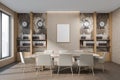 Bright office conference room interior with meeting board, desk, window, Marble walls, concrete floor. Time zone clocks. White
