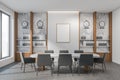 Bright office conference room interior with meeting board, desk, window, Marble walls, concrete floor. Time zone clocks. White