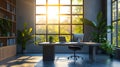 Bright Office Interior with Large Window Sunlight Streaming Through Gray Desk and Plants Creating a Peaceful and Productive Royalty Free Stock Photo