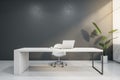 Office interior with mock up place, workplace desk, laptop, chair, decorative plant, blinds and daylight. 3D Rendering Royalty Free Stock Photo