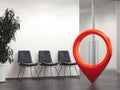 Bright office reception and red geotag or map pin. 3d rendering Royalty Free Stock Photo