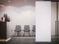 Bright office reception with waiting area and white blank roll up. 3d rendering Royalty Free Stock Photo