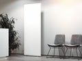 Bright office reception with waiting area and white blank roll up. 3d rendering Royalty Free Stock Photo