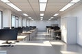 Bright Office Room Interior with Rows of Desks and Computers Under Fluorescent Lighting in a Clean White Room and Large Windows in Royalty Free Stock Photo