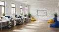 Bright office space with white desks and colorful beanbags. Royalty Free Stock Photo