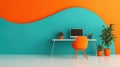 Bright office space with orange, teal walls. Modern desk, chair in vibrant orange. Computer sits on white desk. Plants in orange