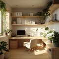Bright office space with plants sunlight and wood desk interior Royalty Free Stock Photo