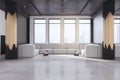 Bright office waiting area with couch, window with city view and daylight, concrete walls and floor and decorative pillar. 3D Royalty Free Stock Photo