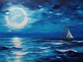 Bright oil painting of the seascape with sailboat gliding across the waves in the moonlight