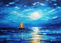 Bright oil painting of the seascape with sailboat gliding across the waves in the moonlight Royalty Free Stock Photo