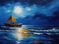 Bright oil painting of the seascape with sailboat gliding across the waves in the moonlight