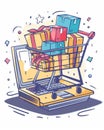 Bright online shopping illustration with cart and gifts.