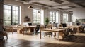 A bright open concept workspace with a mix of individual desks and collaborative tables created with Generative AI