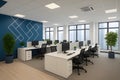 Bright open office space features blue accent wall and large windows enhancing employee productivity and modern work environment Royalty Free Stock Photo