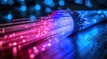 Fiber Optic Cable Glowing with Pink and Blue Lights on Dark Blurred Background Royalty Free Stock Photo