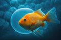 bright orange aquarium fish in space floats on blue surface of sea Royalty Free Stock Photo
