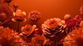 Bright orange backdrop showcases an array of paper flowers, providing space for personalized text