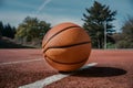 Bright orange basketball contrasts against a sunny outdoor court