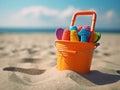 Bright orange bucket and colorful beach toys in the sand, AI-generated.