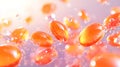 Bright orange capsules float gracefully in a soft purple background, creating an appealing visual under soft light Royalty Free Stock Photo