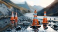 Vibrant Cones Dance Over Rainy Asphalt Royalty Free Stock Photo