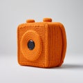 Bright Orange Crocheted Camera Bag: A Unique Still Life Photo Royalty Free Stock Photo