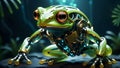 bright orange - cyborg frog explores futuristic ecosystem, clever mix of technology and wildlife