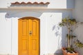 Bright orange door on a white background, next to a plant, classical architecture of the ancient Mediterranean, holidays