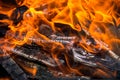 Bright orange flame and charred wood, fire close-up