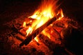 The bright orange flame of the fire. Firewood burns at night in the woods. The pot on the fire Royalty Free Stock Photo