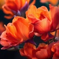 bright orange flowers, closeup of petals and leaves, against a dark background