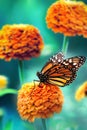 Bright orange flowers and monarch butterfly in the summer garden. Magical macro image. Royalty Free Stock Photo