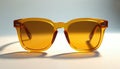 Bright orange framed sunglasses with amber lenses rest on white surface. Object casts shadow, bright sunlight creates mood. Royalty Free Stock Photo