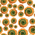 Bright orange green seamless pattern, abstract irregular spiral circles, ornamental texture, colorful unusual background Royalty Free Stock Photo