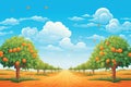 bright orange groves set against a blue sky
