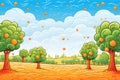 bright orange groves set against a blue sky