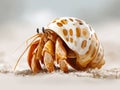 A bright orange hermit crab steps out of a seashell onto sand, displaying its distinctive textures and colors Royalty Free Stock Photo