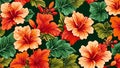 A bright orange hibiscus pattern on a green background. AI generated Royalty Free Stock Photo