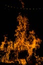 bright orange languages of a fire on wooden logs at night. wood on fire. bonfire at night. campfire. beautiful flame on black back Royalty Free Stock Photo