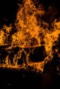 bright orange languages of a fire on wooden logs at night. wood on fire. bonfire at night. campfire. beautiful flame on black back Royalty Free Stock Photo