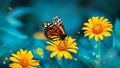 Bright orange monarch butterfly on yellow flowers in a summer garden. Royalty Free Stock Photo