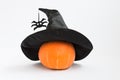 Bright orange pumpkin for Halloween. The pumpkin is decorated with a black hat. The witch's hat is worn over a pumpkin Royalty Free Stock Photo